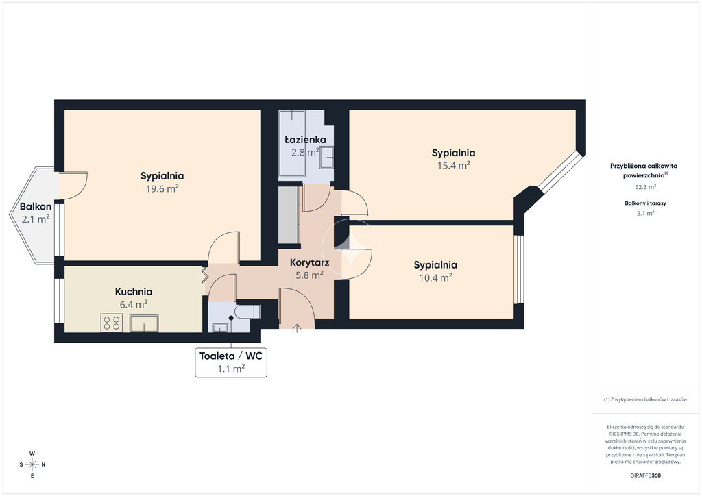 3-pokojowe | 61,15 m² | 1 piętro | Balkon