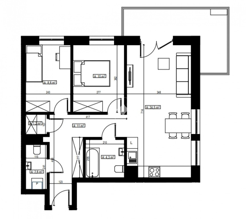 3 pokoje, 62,60m2, Czechów