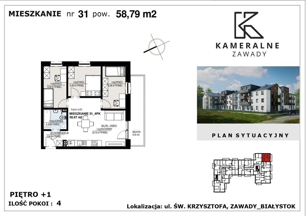 Kameralne Zawady - 58,67m2 na I Piętrze