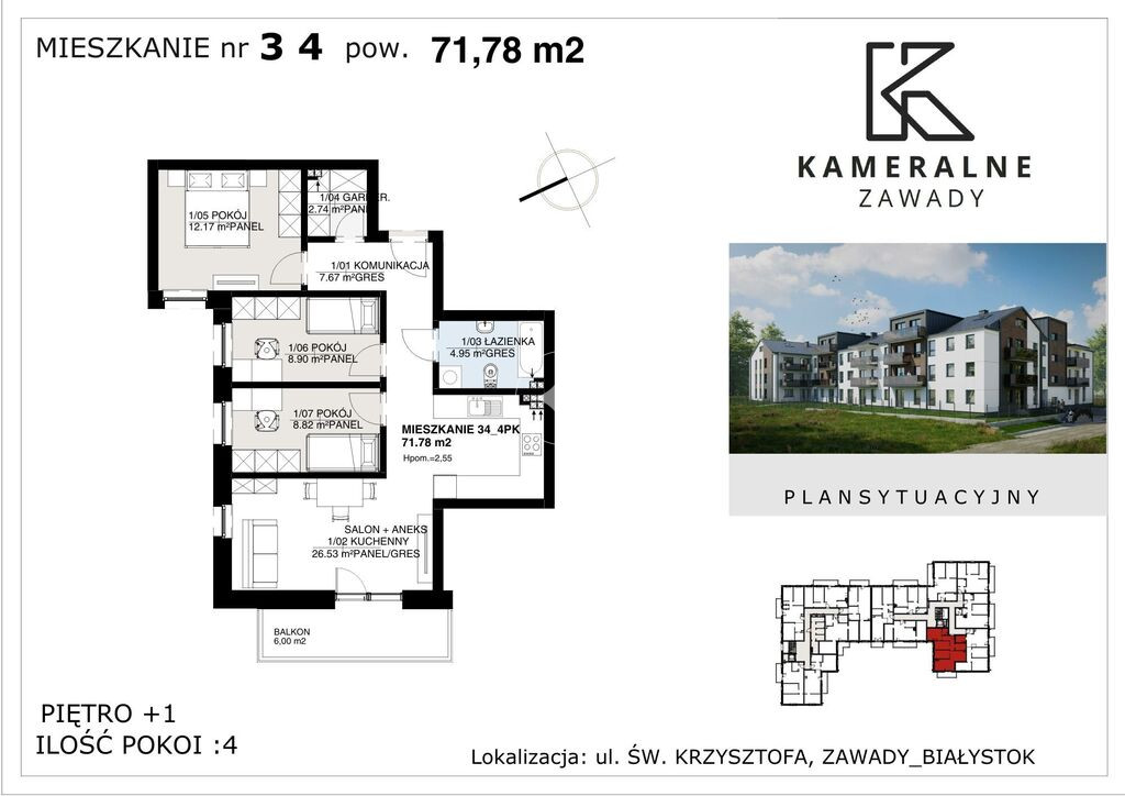 Kameralne Zawady - 71,78m2 , I Piętro