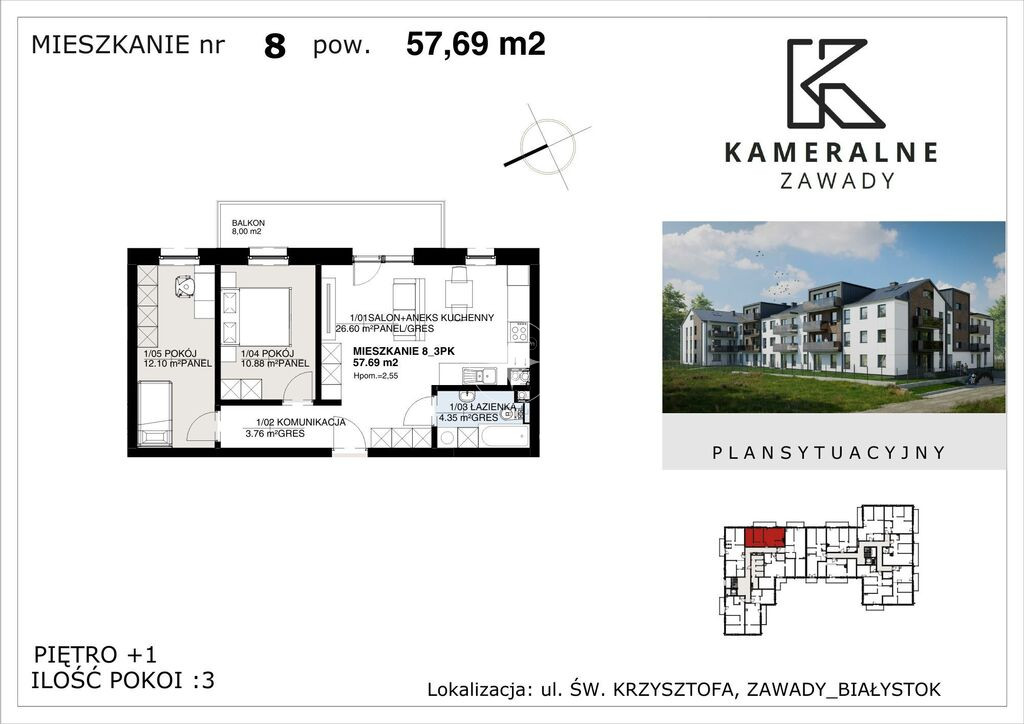Kameralne Zawady - 57,69m2, I Piętro