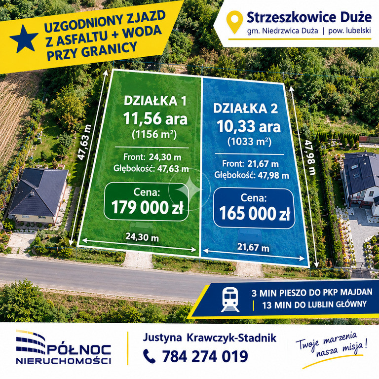 Nowa cena! 2 działki: woda, zjazd, PKP 3 min